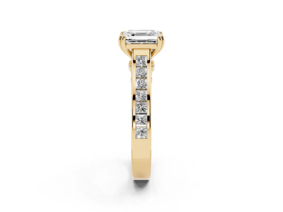 Asscher Cut Cut Channel Set Solitaire Engagement Ring with Prong Setting Yellow gold