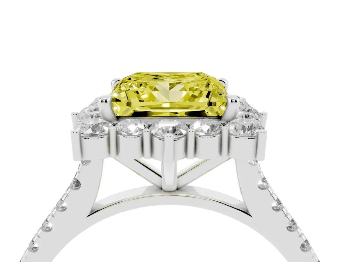 Fancy Yellow Princess Cut Halo Diamond Ring with Pavé Band and Prong Setting Silver