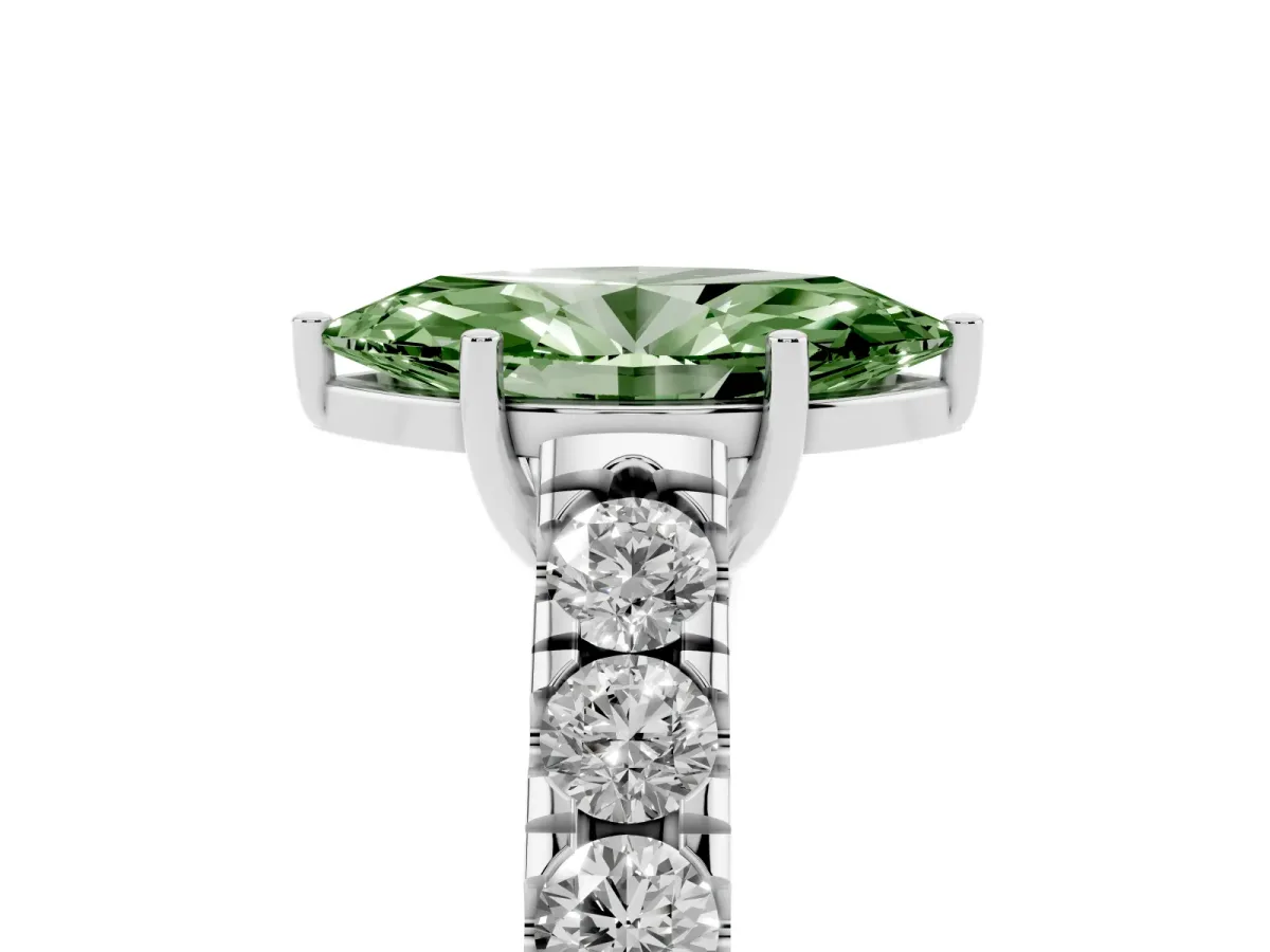 Fancy Green Marquise Cut Cut Diamond Solitaire Ring with Micro Pave Band and Prong Setting Silver