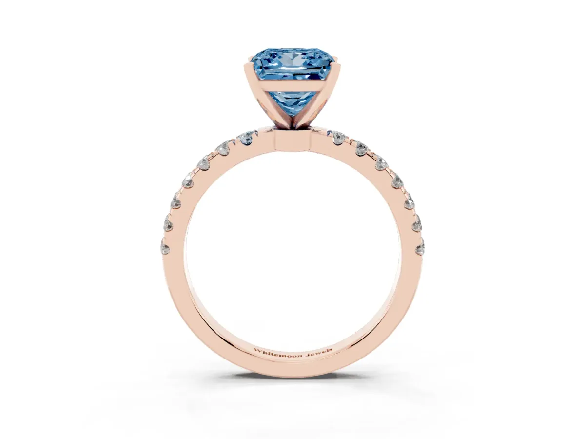 Fancy Blue Princess Cut Diamond Solitaire Ring with Pavé Accents and Four-Prong Setting Rose gold