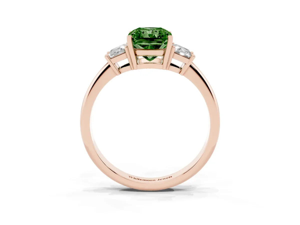 Fancy Green Radiant Cut Diamond Three-Stone Ring with Trapezoid Side Stones and Prong Setting Rose gold