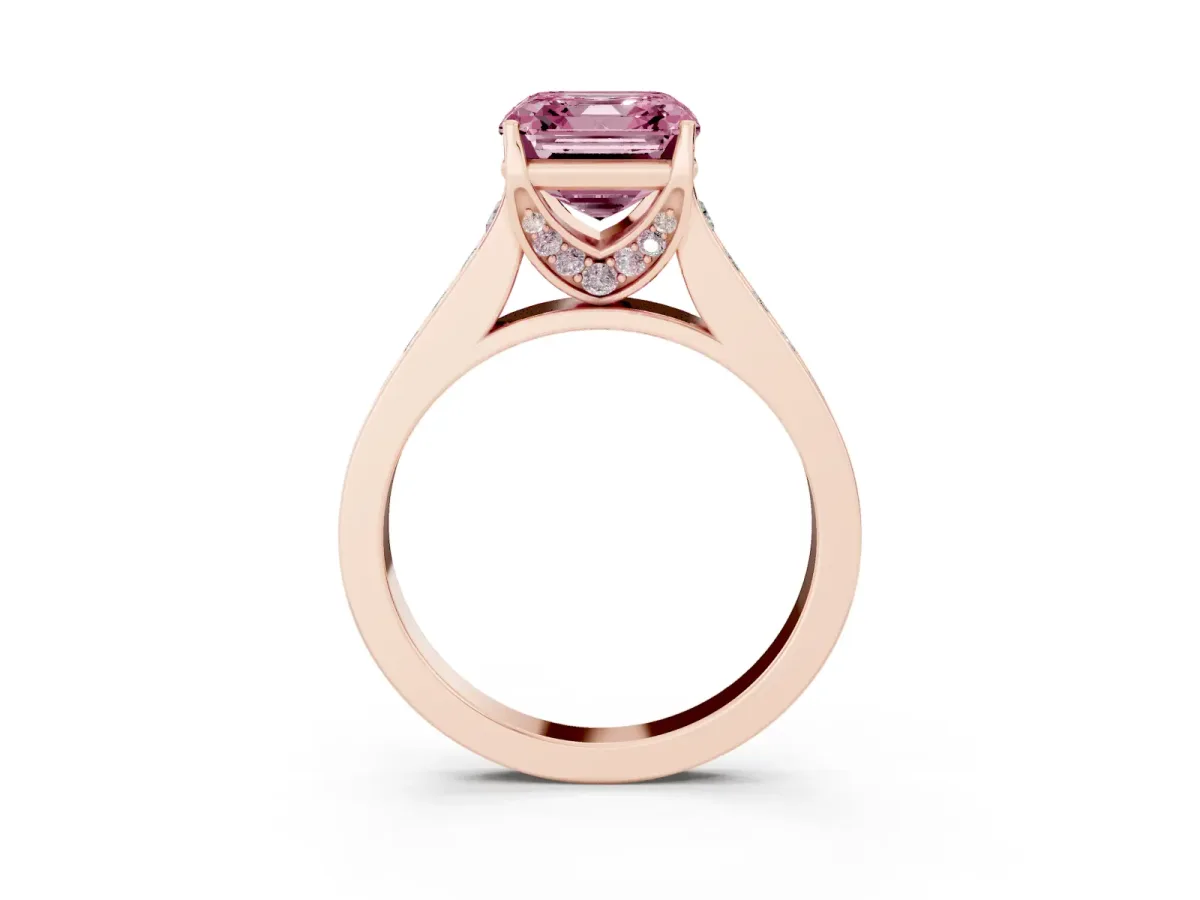 Fancy Pink Asscher Cut Brilliant Cut Diamond Engagement Ring with Pavé Band and Four-Prong Setting Rose gold