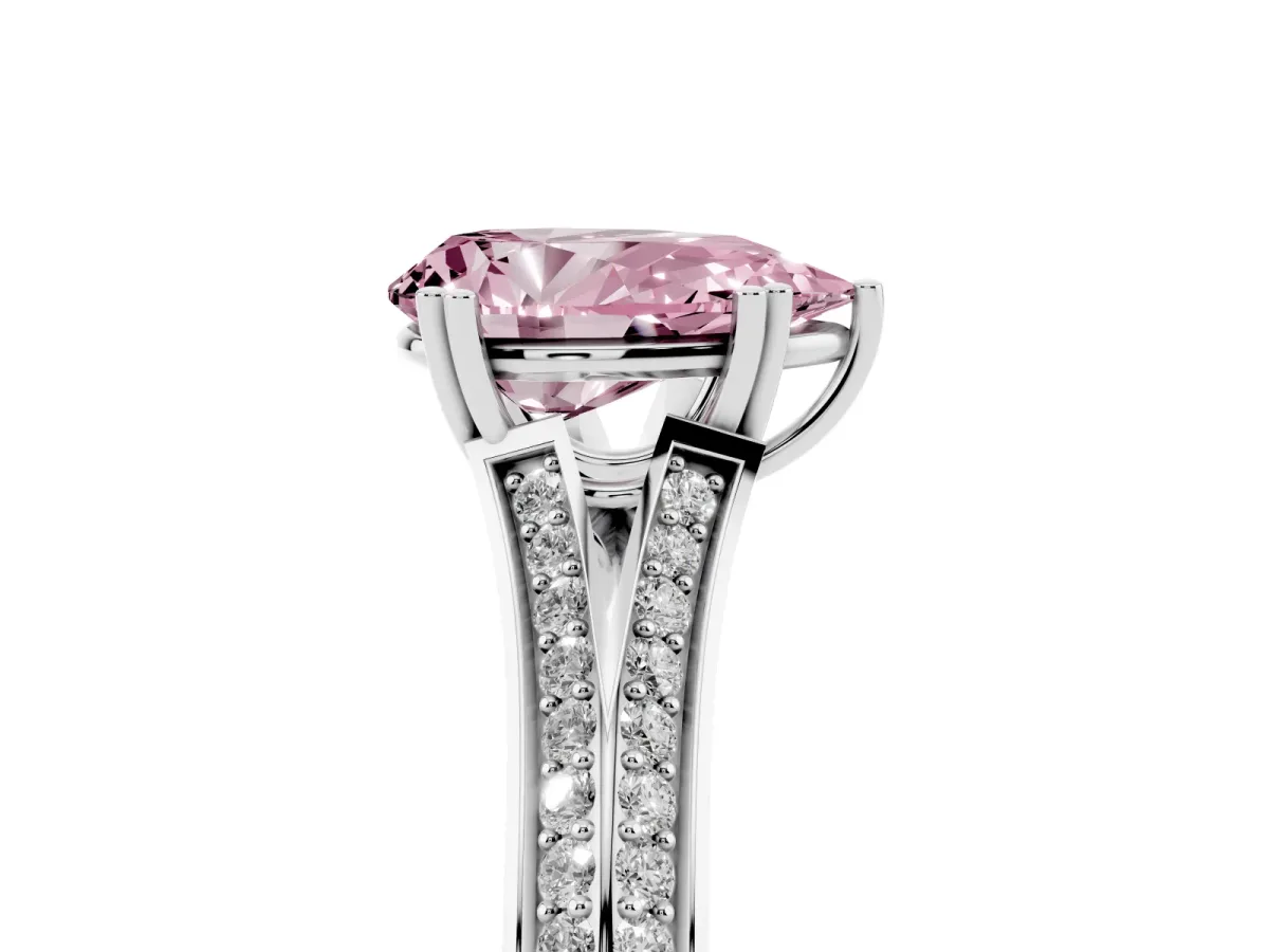 Fancy Pink Pear Cut Diamond Split Shank Engagement Ring with Pavé Band Platinum