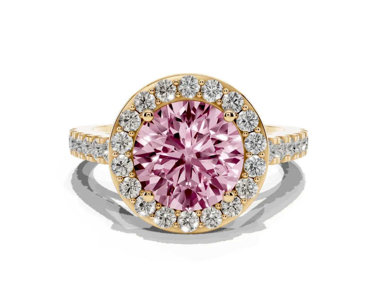 Fancy Pink Round Cut Diamond Halo Ring with Round Pavé Split Shank and Prong Setting Yellow gold