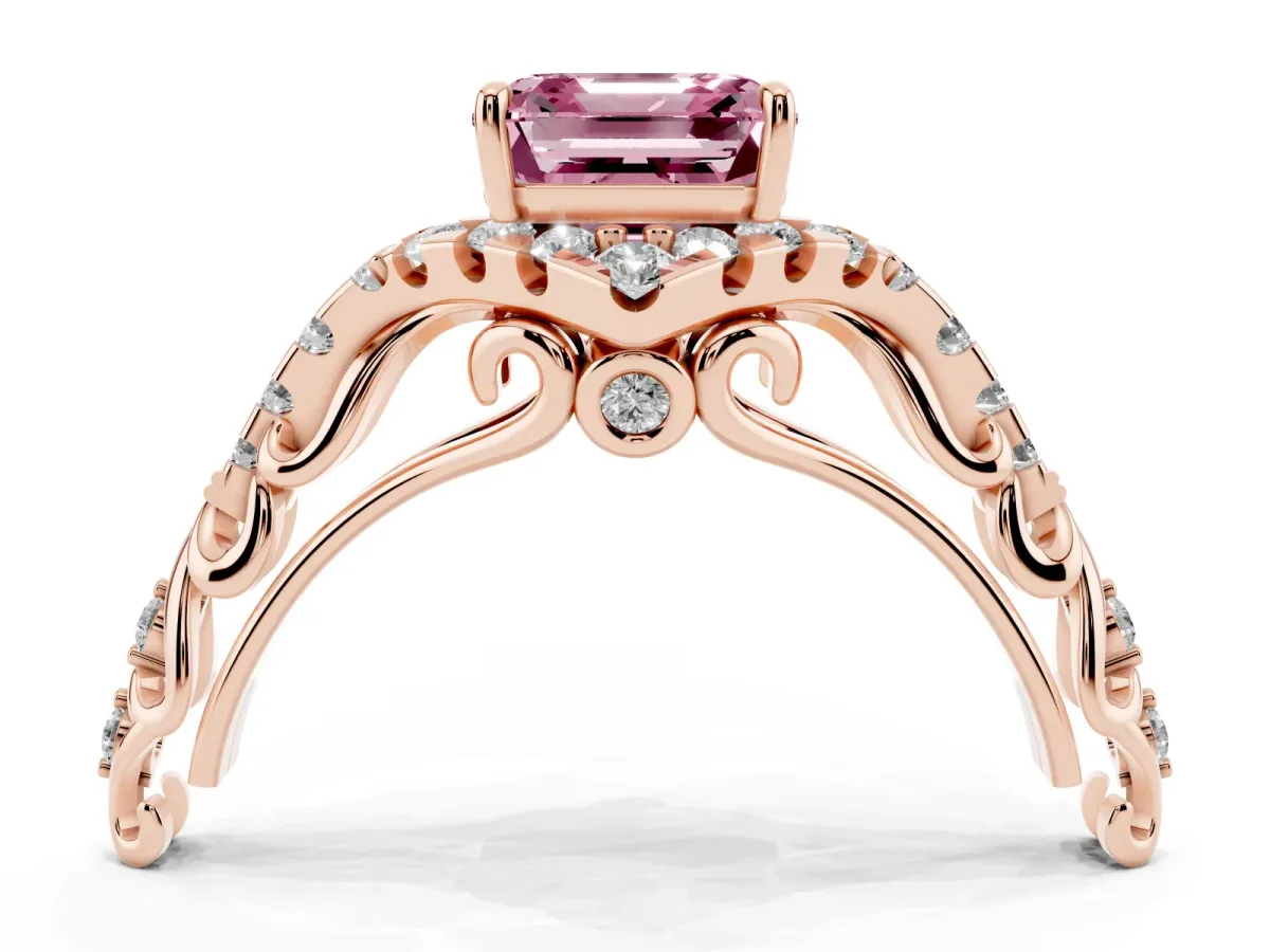 Fancy Pink Asscher Cut Diamond Solitaire Ring with Hidden Halo and Pavé Band Rose gold