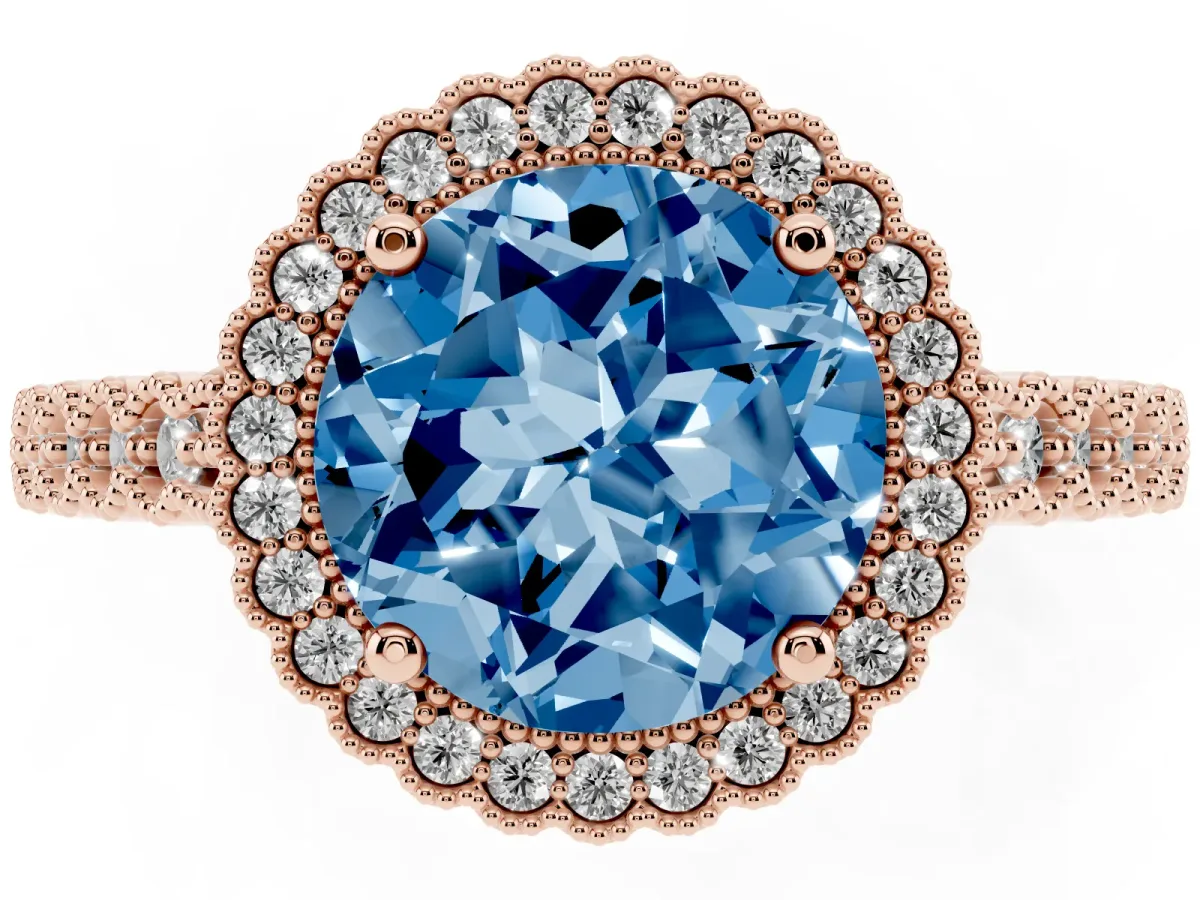 Fancy Blue Round Cut Cut Halo Pavé Solitaire Ring with Milgrain Band Rose gold