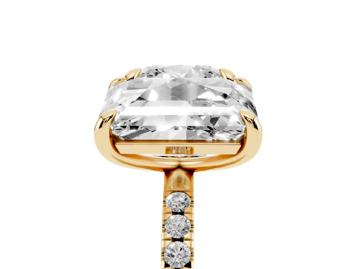 Cushion and Emerald Toi Moi Ring with Prong Setting and Micro Pave Band Yellow gold