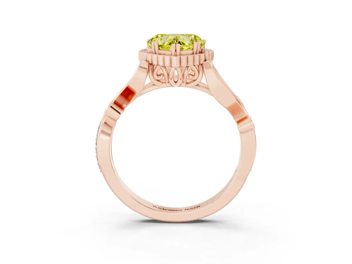 Fancy Yellow Heart Cut Diamond Halo Ring with Vintage Split Shank and Four-Prong Setting Rose gold
