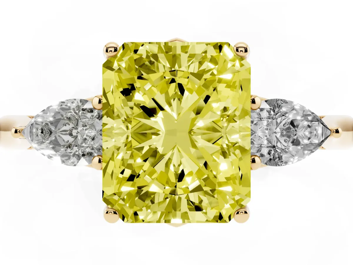 Fancy Yellow Three-Stone Radiant Cut Brilliant Diamond Solitaire Ring with Tapered Band and Four-Prong Setting Yellow gold