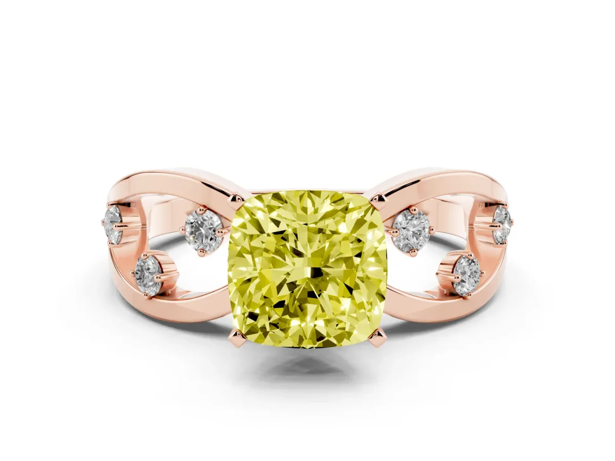 Fancy Yellow Cushion Cut Cut Solitaire Diamond with Side Stones on Criss-Cross Band and Four-Prong Setting Rose gold