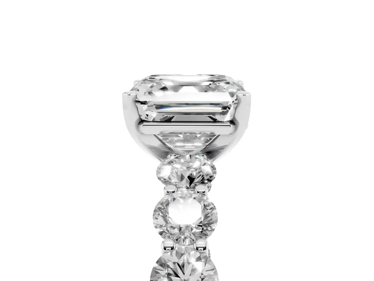 Asscher Cut Diamond Prong Setting with Side Stones on a Pave Band Silver