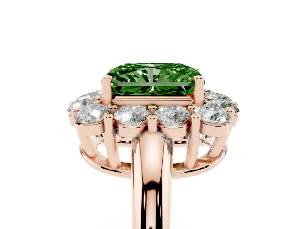 Fancy Green Radiant Cut Halo Cluster Diamond Engagement Ring with Prong Setting and Polished Band Rose gold