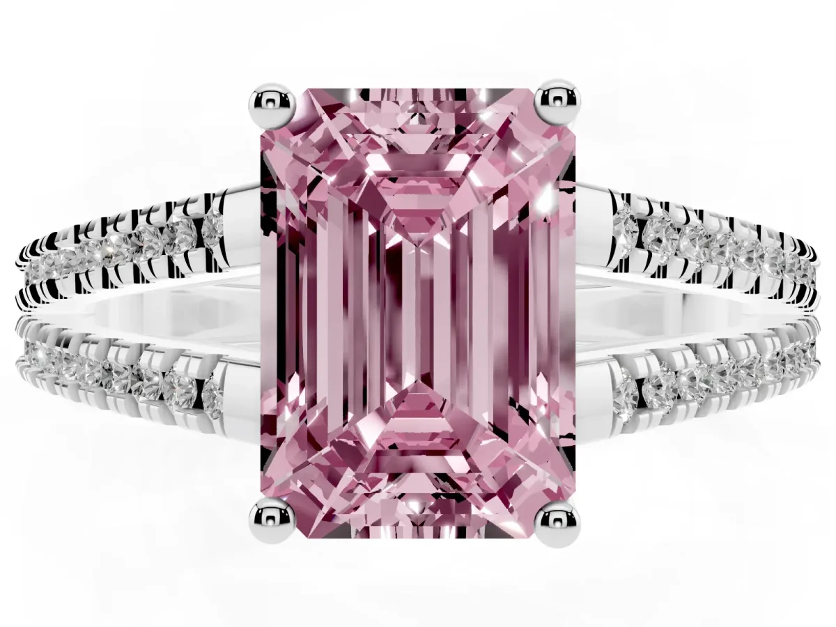 Fancy Pink Emerald Cut Diamond Solitaire Engagement Ring with Split Shank Pavé Band Silver