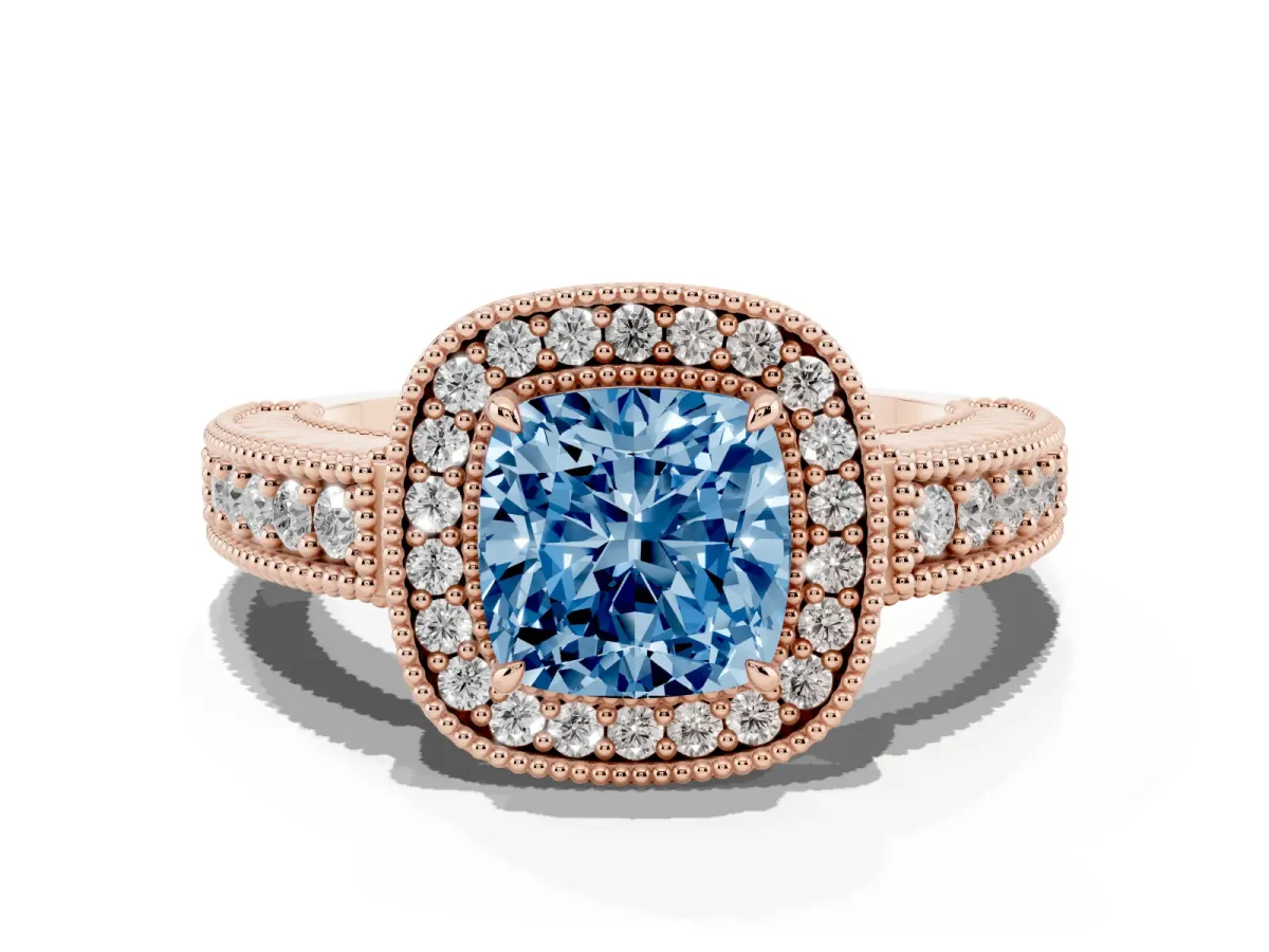 Fancy Blue Cushion Cut Cut Halo Diamond Ring with Pavé Band and Four-Prong Setting Rose gold