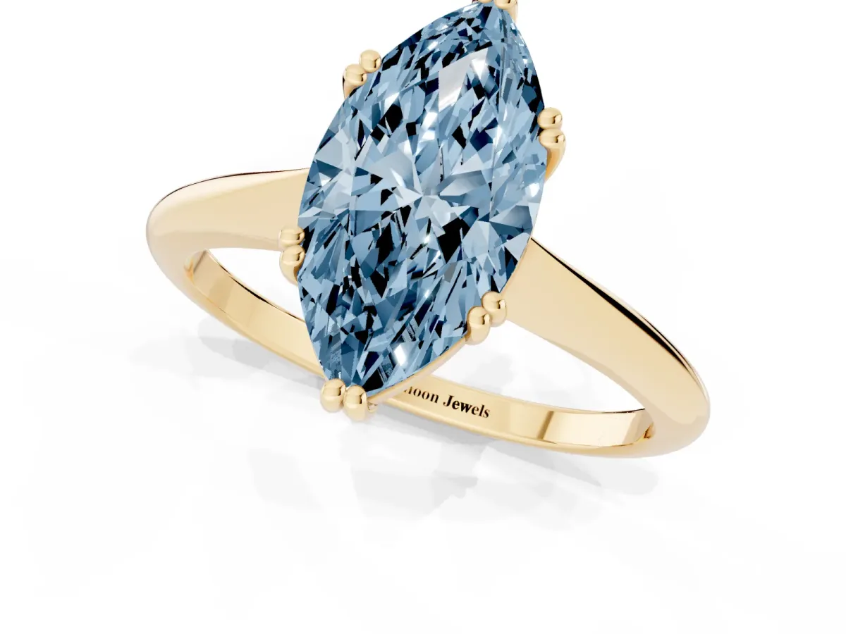 Fancy Blue Marquise Cut Solitaire Diamond Ring with Six-Prong Setting and Classic Band Yellow gold