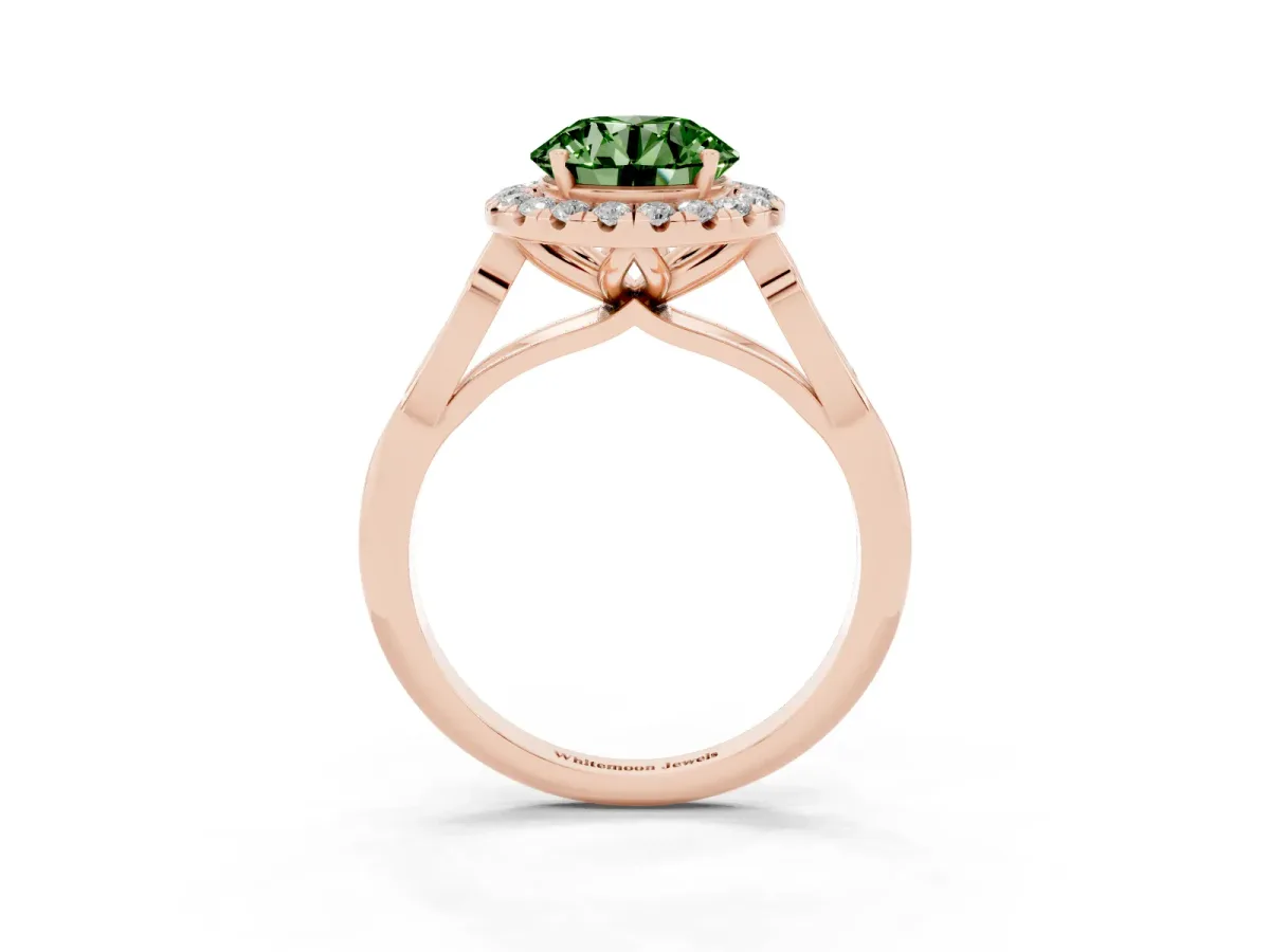 Fancy Green Round Cut Halo Diamond Engagement Ring with Filigree Band and Four-Prong Setting Rose gold