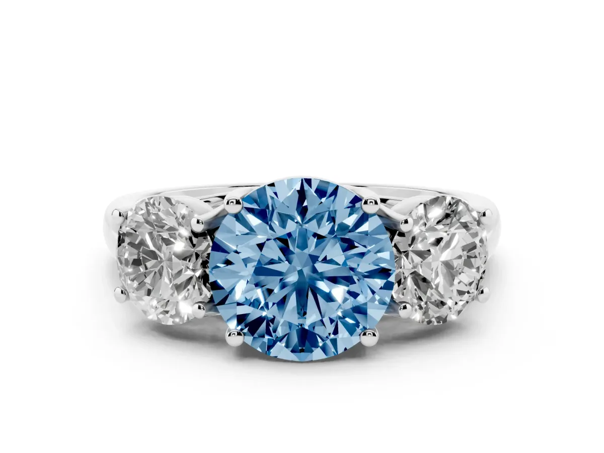 Fancy Blue Three-Stone Round Cut Diamond Engagement Ring with Prong Setting Silver