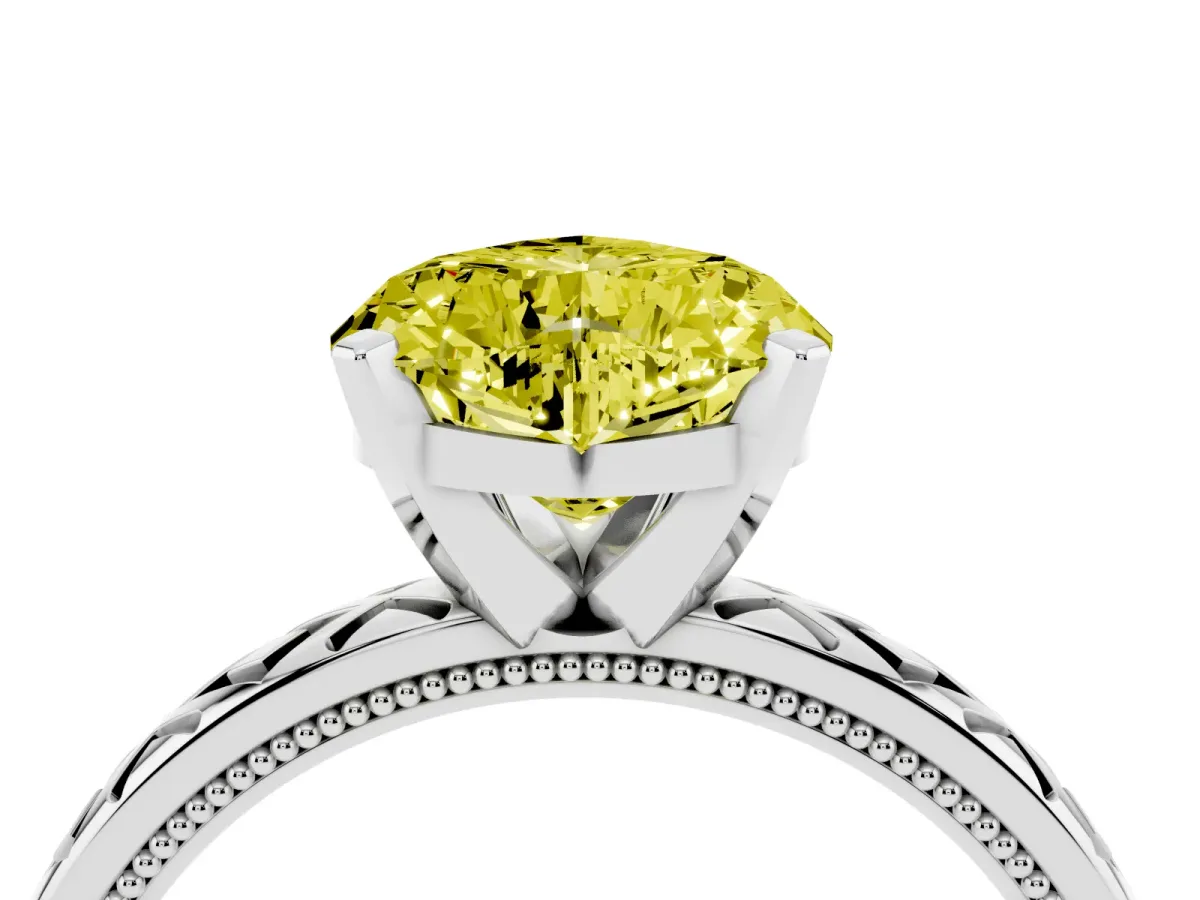 Fancy Yellow Heart Cut Solitaire Diamond Ring with Milgrain and Black Enamel X Pattern Band Silver