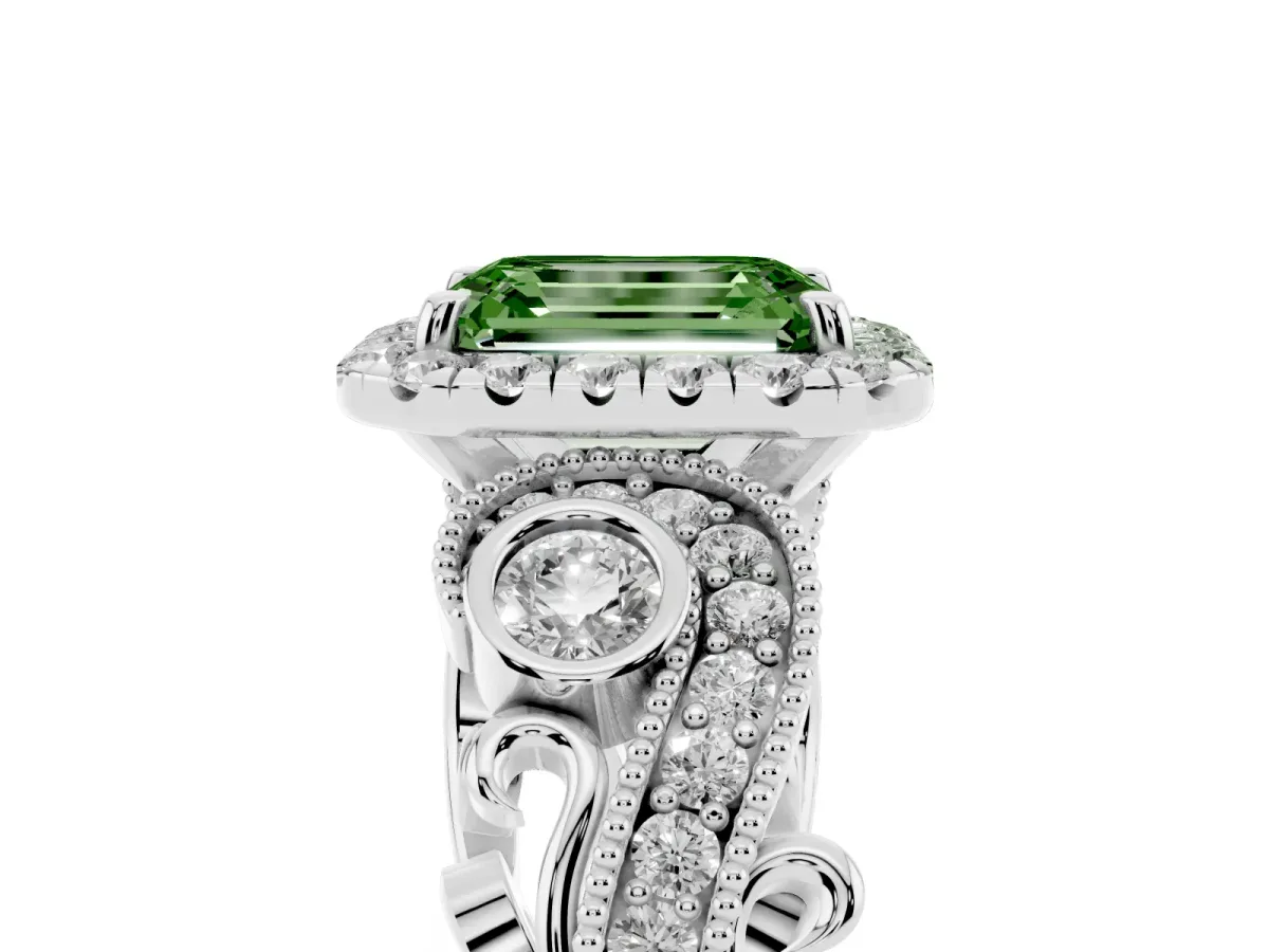Fancy Green Emerald Cut Diamond Halo Ring with Milgrain Pavé Band and Four-Prong Setting Platinum