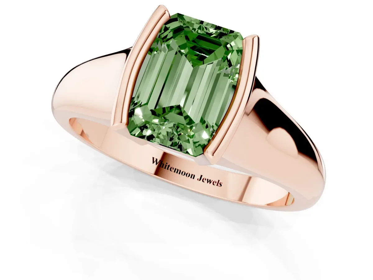 Fancy Green Emerald Cut Solitaire Tension Set Diamond Ring with Split Shank Band Rose gold