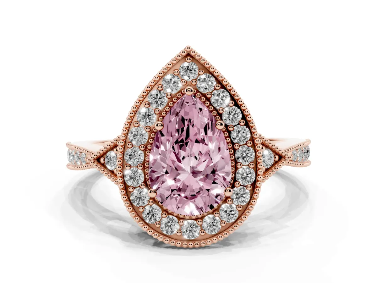 Fancy Pink Pear Cut Halo Round Diamond Milgrain Pave Engagement Ring Rose gold