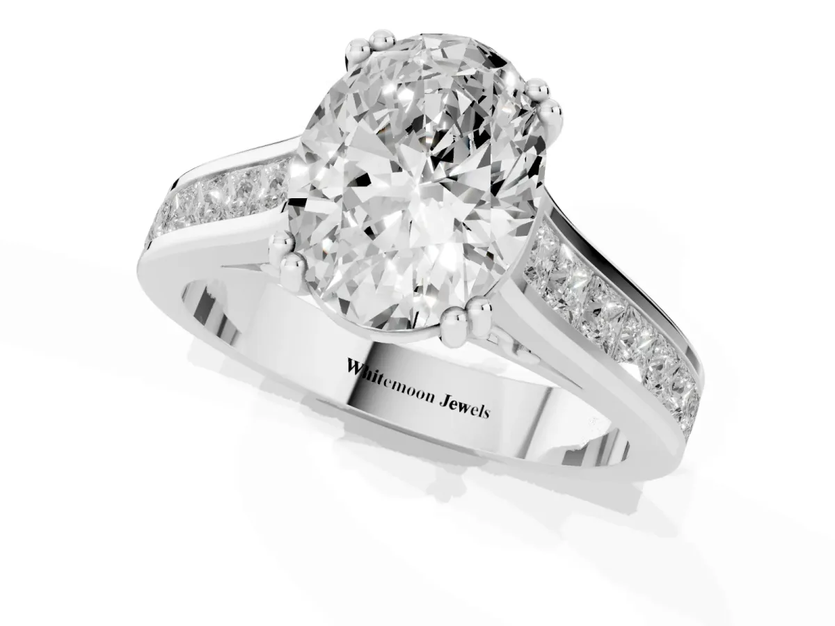 Oval Cut Cut Channel Set Solitaire Engagement Ring with Prong Setting Silver