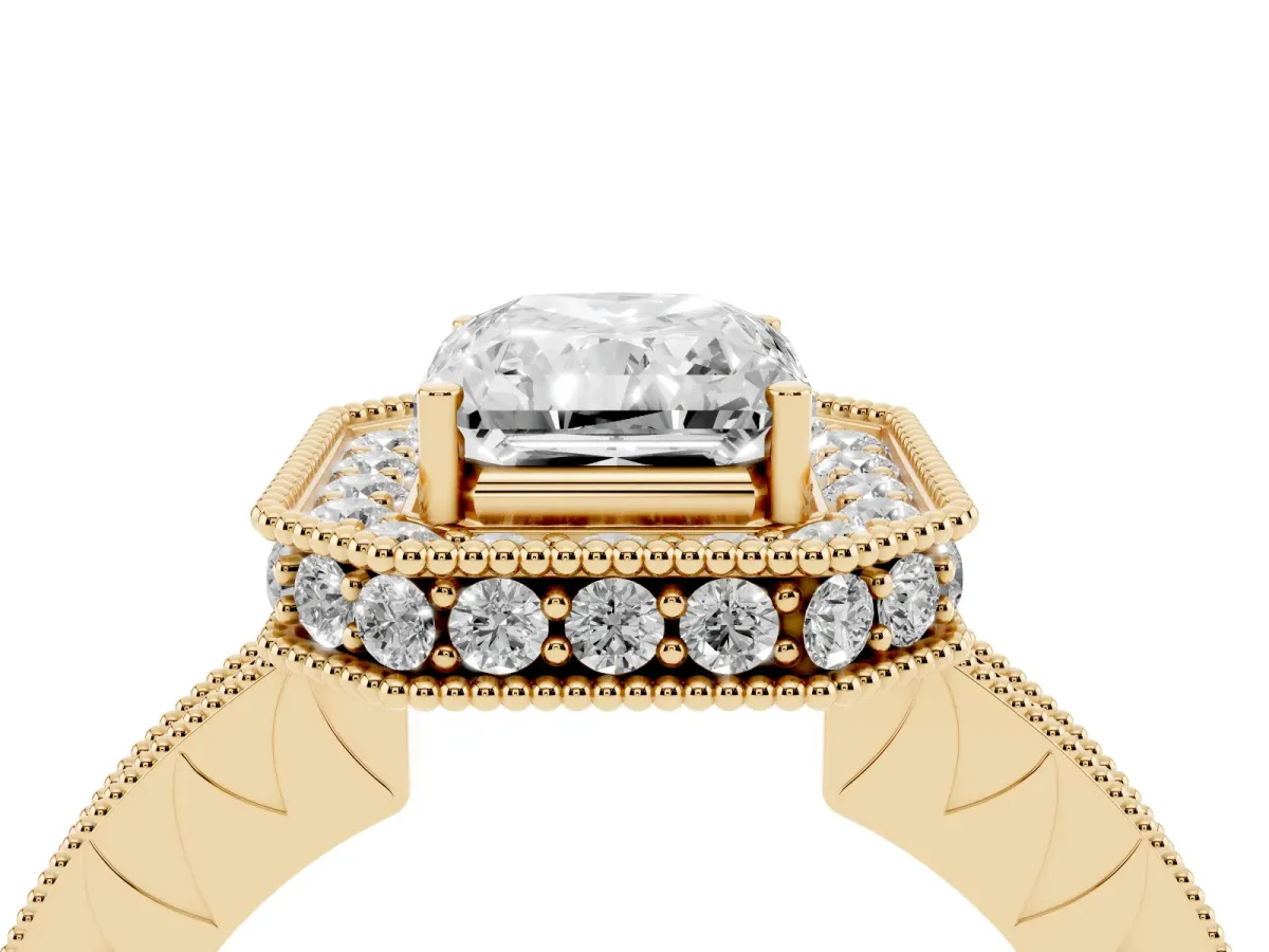Radiant Cut Diamond Milgrain Halo Engagement Ring with Round Pavé Band and Prong Setting Yellow gold