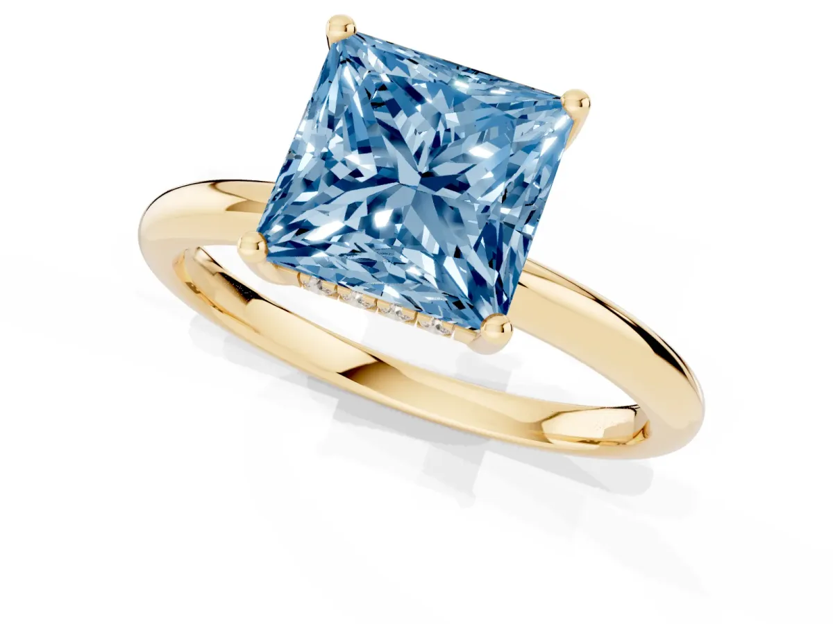 Fancy Blue Princess Cut Cut Solitaire Engagement Ring with Four-Prong Setting and Classic Band Yellow gold