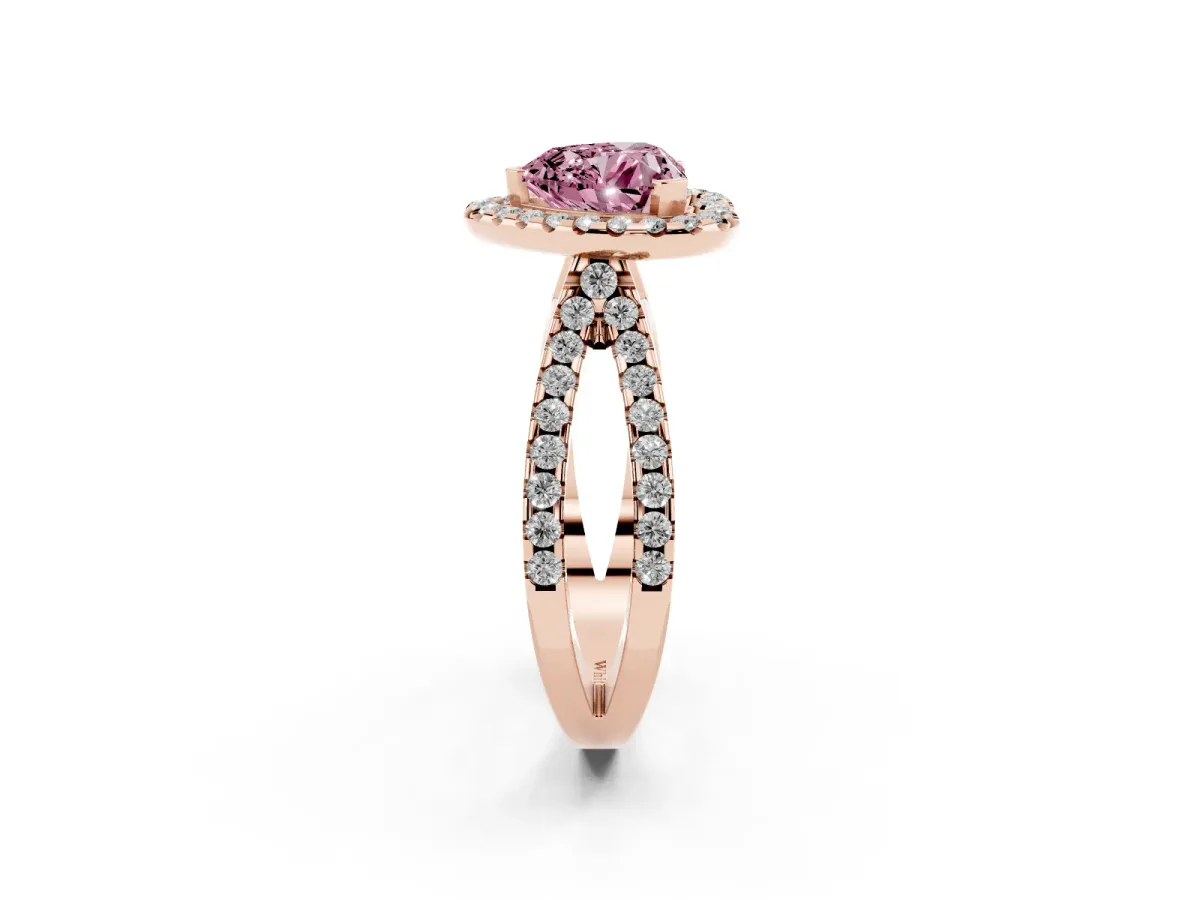 Fancy Pink Heart Cut Diamond Halo Ring with Split Shank Pavé Band and Prong Setting Rose gold