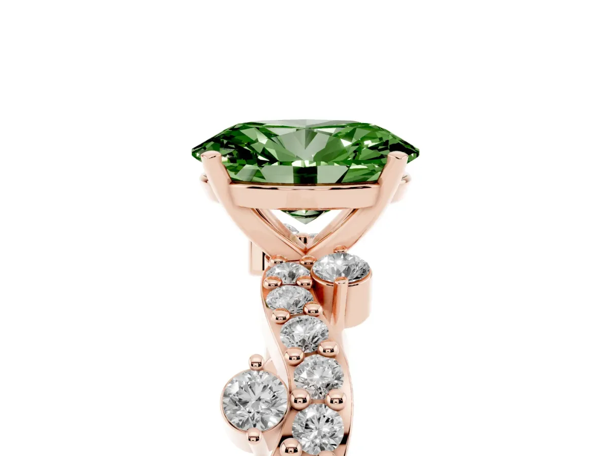 Fancy Green Oval Cut Cut Solitaire Diamond Twisted Band with Pave Setting Rose gold