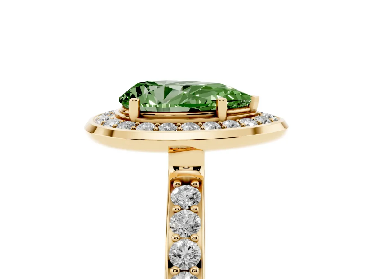 Fancy Green Pear Cut Diamond Halo Ring with Bezel Frame and Pavé Band Yellow gold