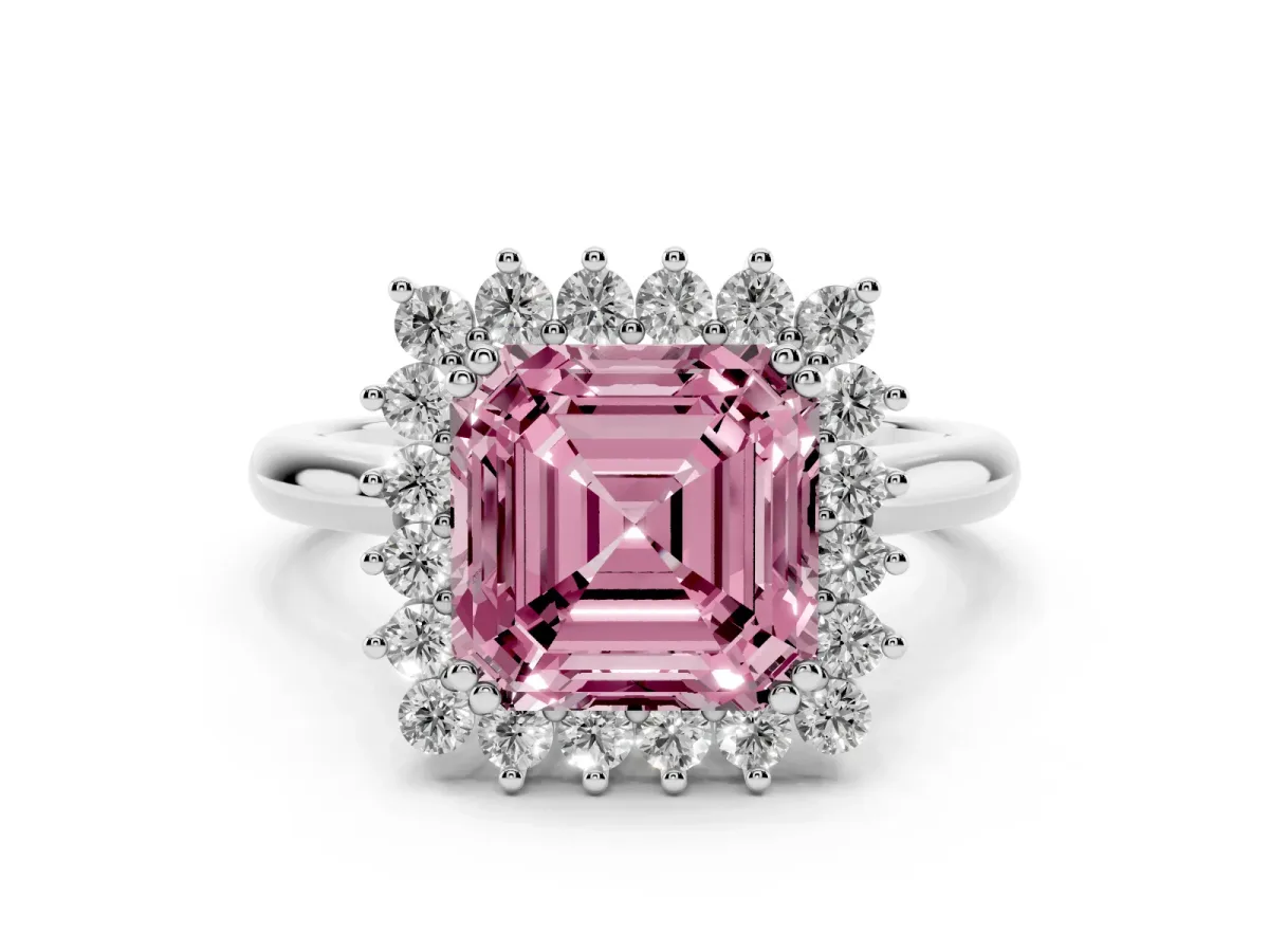 Fancy Pink Asscher Cut Cut Diamond Halo Ring with Solitaire Band and Prong Setting Platinum