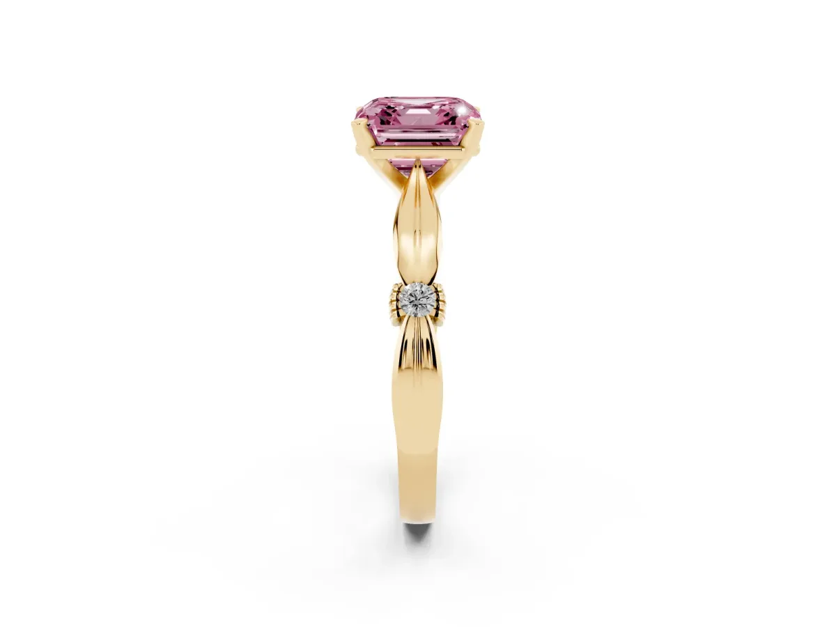 Fancy Pink Asscher Cut Solitaire Diamond Twisted Band with Four-Prong Setting Yellow gold