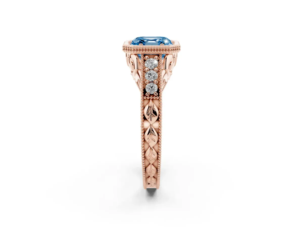 Fancy Blue Bezel Set Asscher Cut Diamond Milgrain Pave Engagement Ring Rose gold