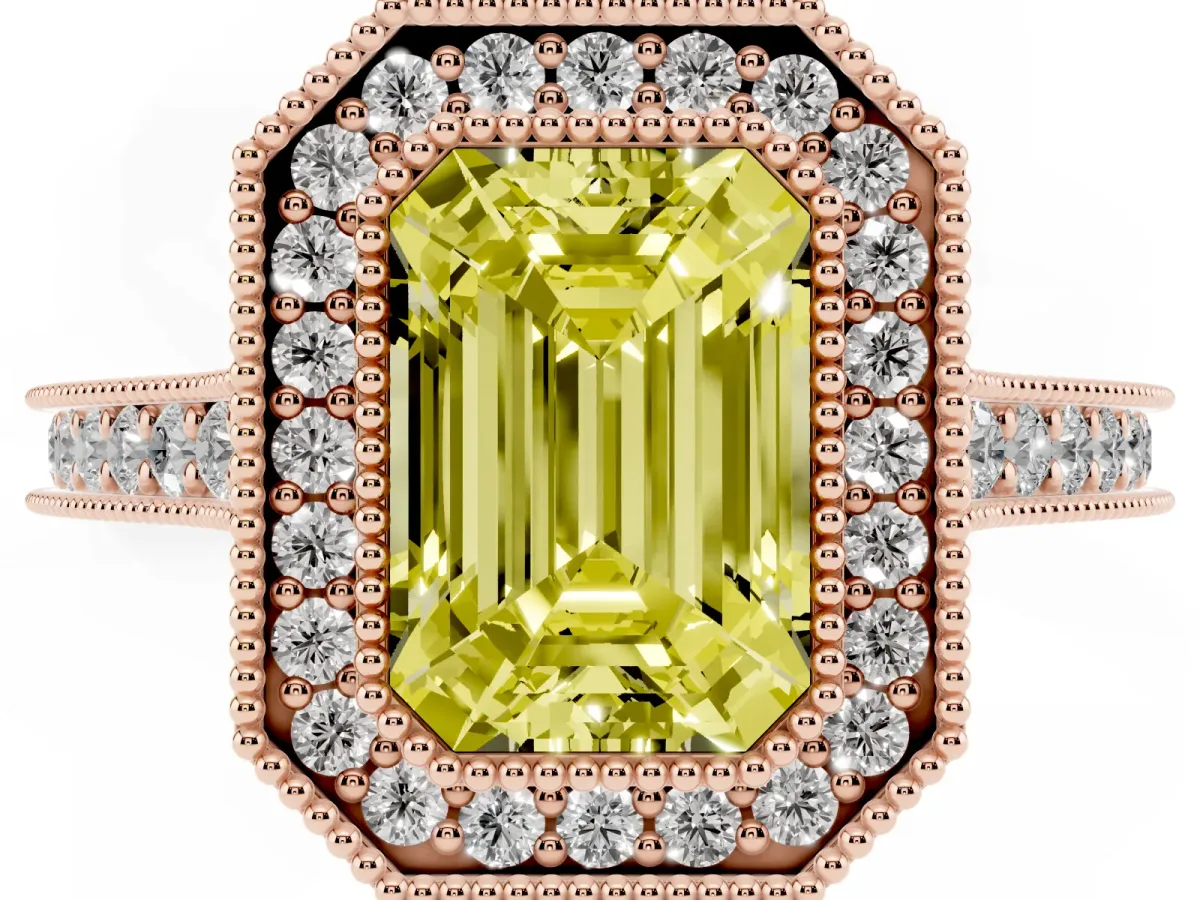 Fancy Yellow Halo Emerald Cut-Cut Diamond Pave Band Milgrain Prong Setting Ring Rose gold