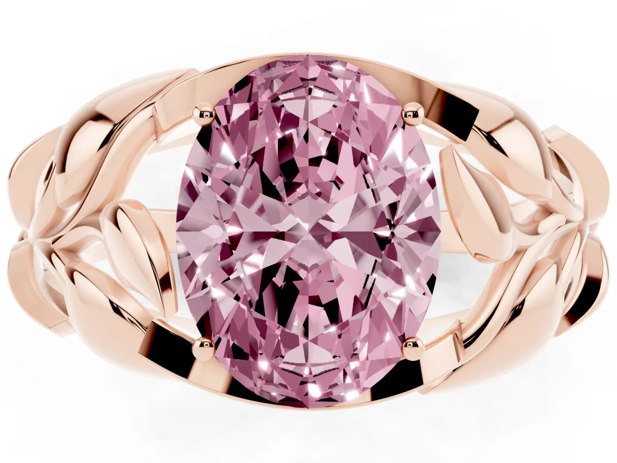 Fancy Pink Oval Cut Diamond Leaf-Inspired Engagement Ring with Round Accents and Prong Setting Rose gold