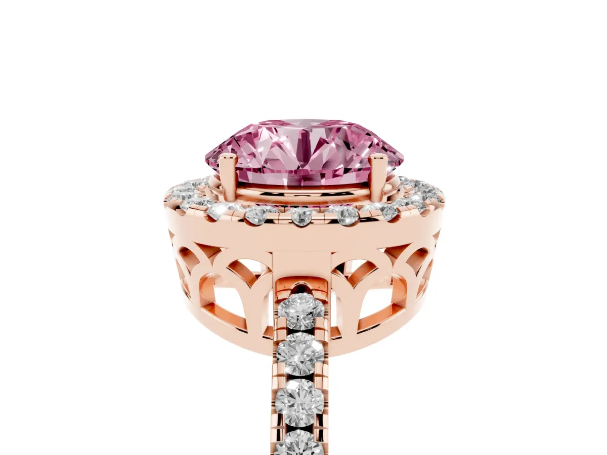 Fancy Pink Round Cut Halo Diamond Engagement Ring with Pavé Band and Four-Prong Setting Rose gold