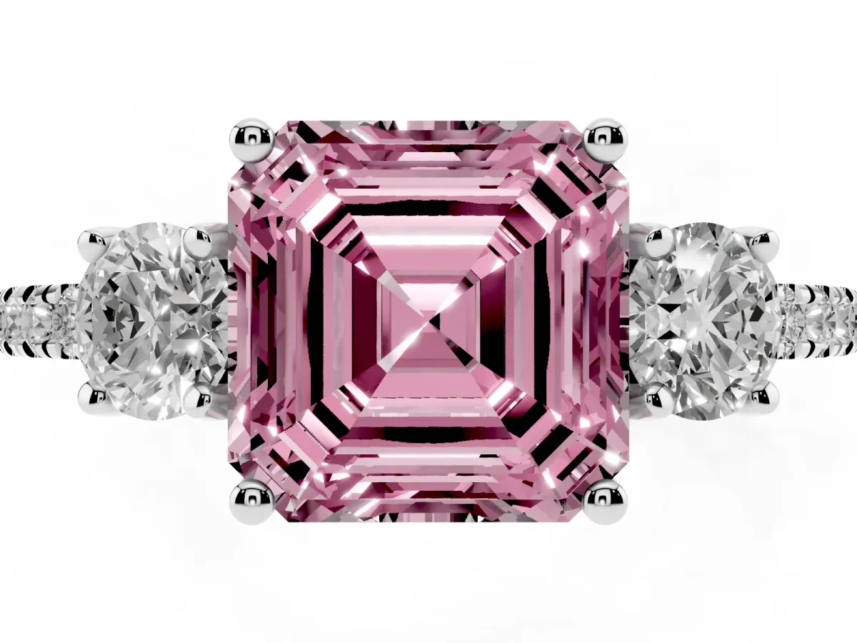 Fancy Pink Three-Stone Asscher Cut Cut Diamond Pavé Band with Prong Setting Silver