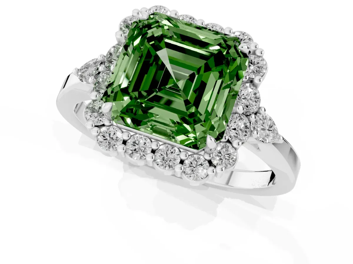 Fancy Green Asscher Cut Diamond Halo Ring with Pear Side Stones and Prong Setting Silver