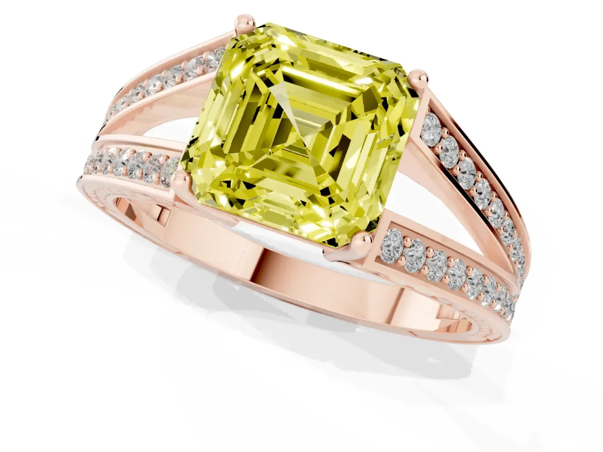 Fancy Yellow Asscher Cut Diamond Split Shank Ring with Pavé Band and Four-Prong Setting Rose gold