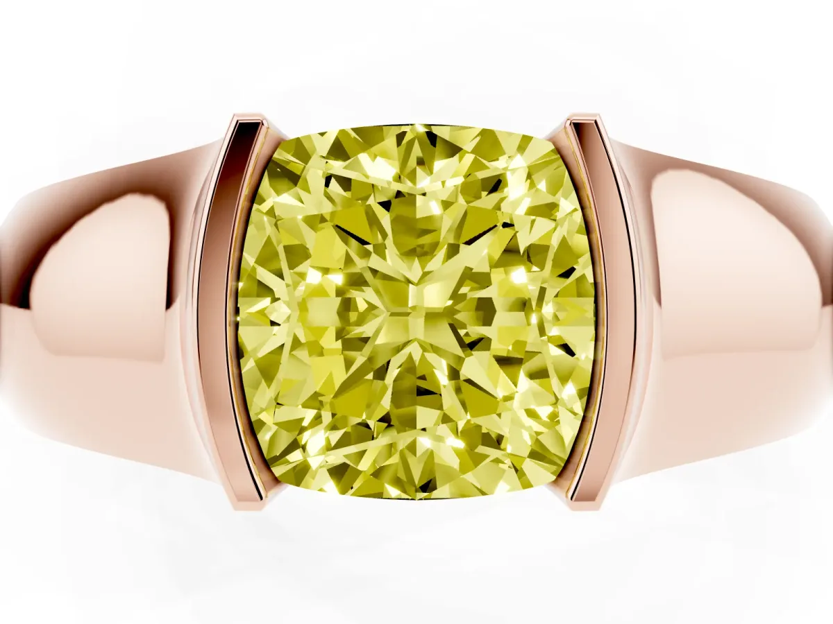 Fancy Yellow Cushion Cut Solitaire Bezel Set Diamond Ring with Wide Band Rose gold