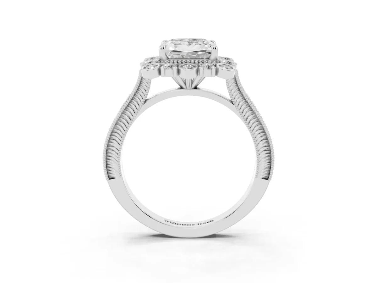 Princess Cut Halo Milgrain Pave Diamond Ring with Four-Prong Setting Silver