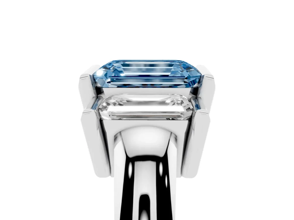 Fancy Blue Three Stone Emerald Cut Cut Channel Set Diamond Ring Silver
