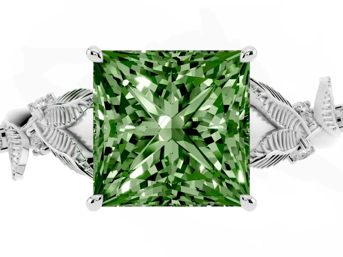 Fancy Green Princess Cut Diamond Solitaire Ring with Leaf Motif Band and Four-Prong Setting Silver