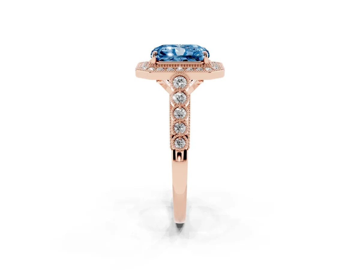 Fancy Blue Radiant Cut Halo Milgrain Solitaire with Bezel Set Side Stones and Pave Band Rose gold