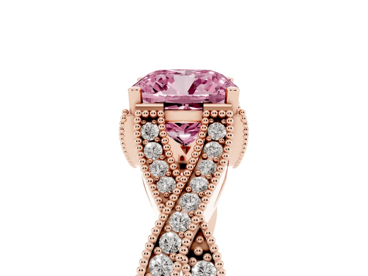 Fancy Pink Cushion Cut Cut Diamond Twisted Band with Milgrain Pave Setting and Four-Prong Setting Rose gold