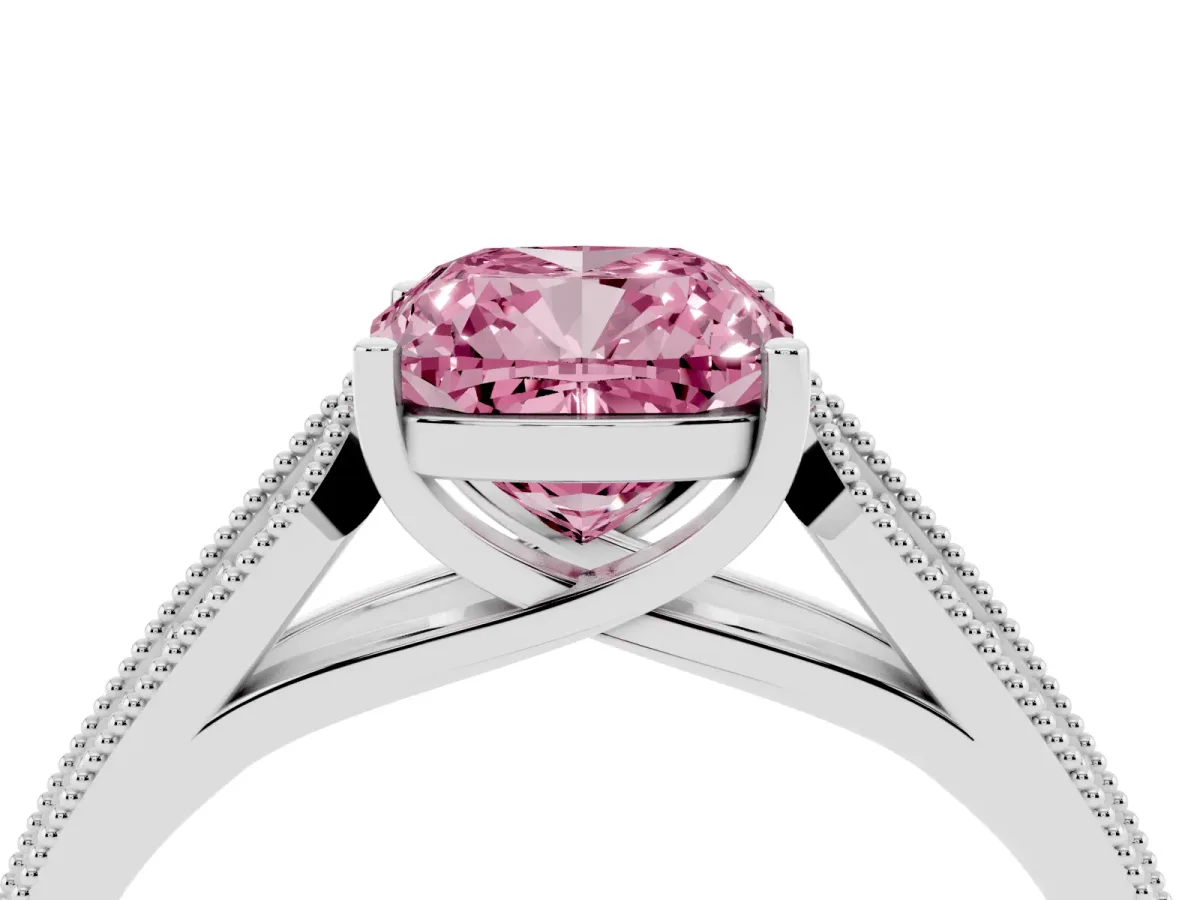 Fancy Pink Cushion Cut Cut Pave Split Shank Engagement Ring with Four-Prong Setting White gold