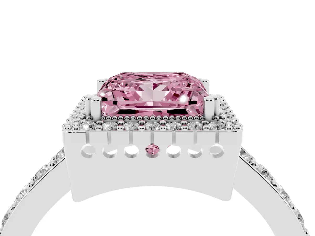 Fancy Pink Princess Cut Cut Diamond Halo Engagement Ring with Milgrain Detail and Pavé Band Silver