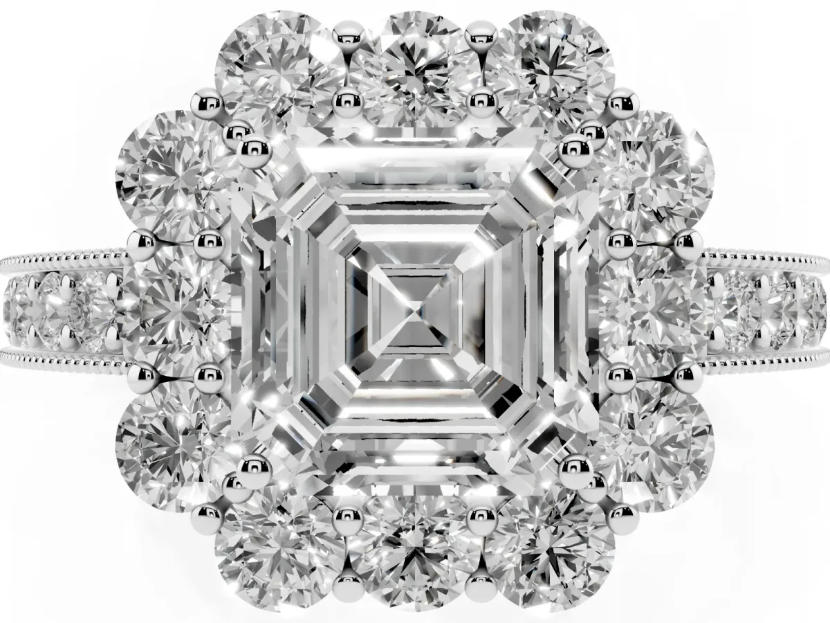 Asscher Cut Cut Halo Diamond Pavé Engagement Ring with Milgrain Detailing Platinum