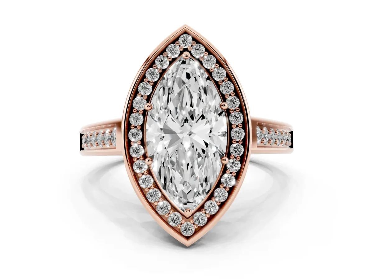 Marquise Cut Halo Solitaire Diamond Ring with Pave Band and Bezel Setting Rose gold
